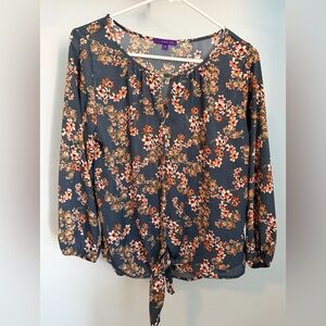 West Kei Slate Blue Floral Tie-Hem Blouse